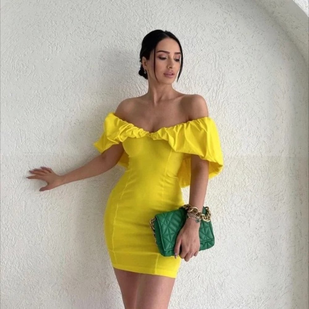 Zara Ruched Dress with Voluminous Collar